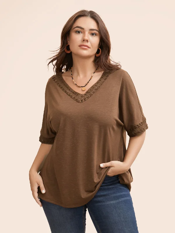 V Neck Woven Ribbon Dolman Sleeve T-shirt