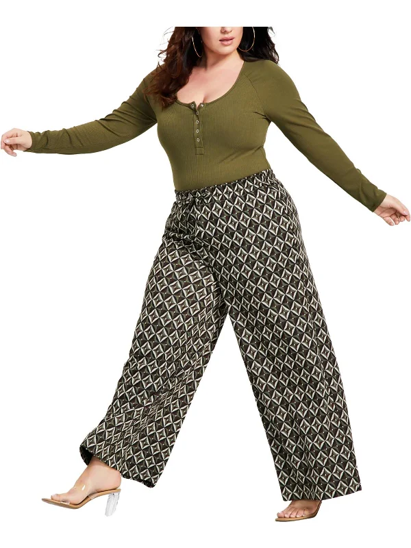 Plus Womens Print Stretch Wide Leg Pants