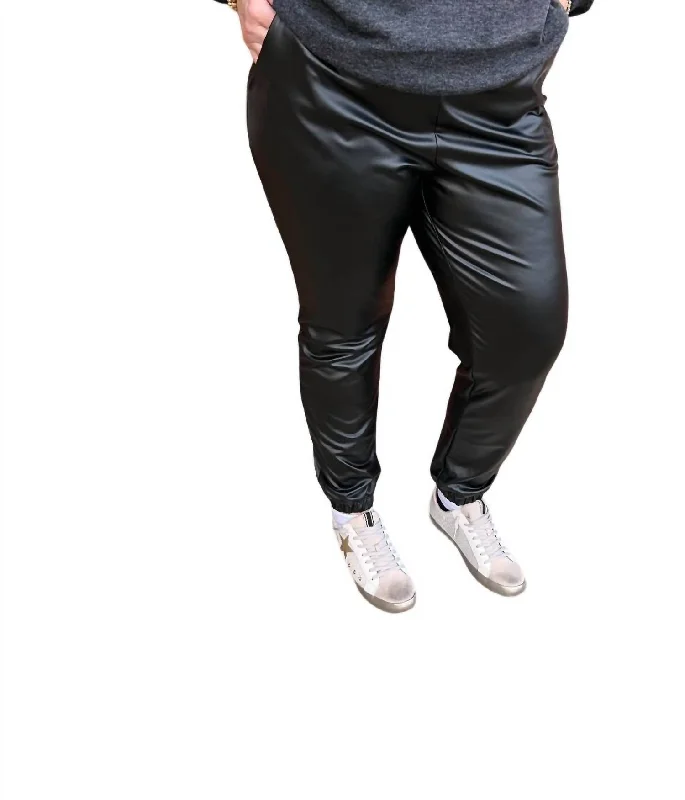 Solid Faux Leather Joggers In Black