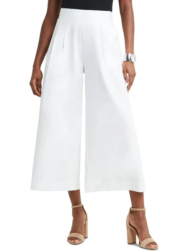 Womens Cropped Pleated Wide Leg Pants