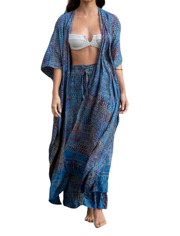 Kaftan Robe And Pant Set In Denim Raindrop