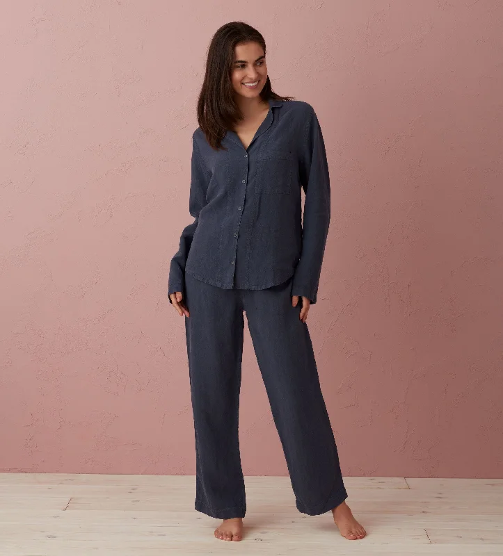 Navy Blue Polly 100% Linen Pyjama Top